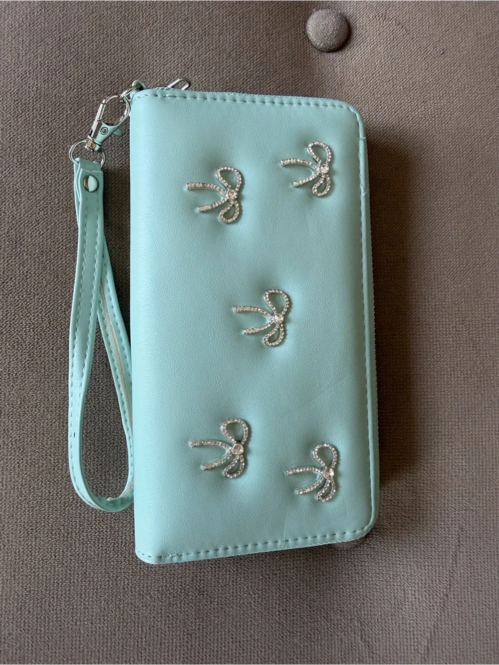 Claire's Light Blue Wristlet Card Holder with Crystal Bow Accents